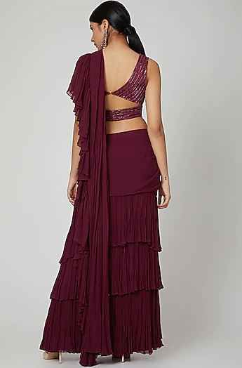 Wine Embroidered Ruffled Saree With Belt