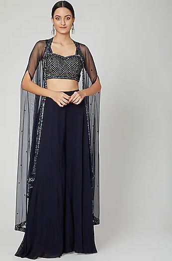 Navy Blue Embroidered Cape Sharara Set