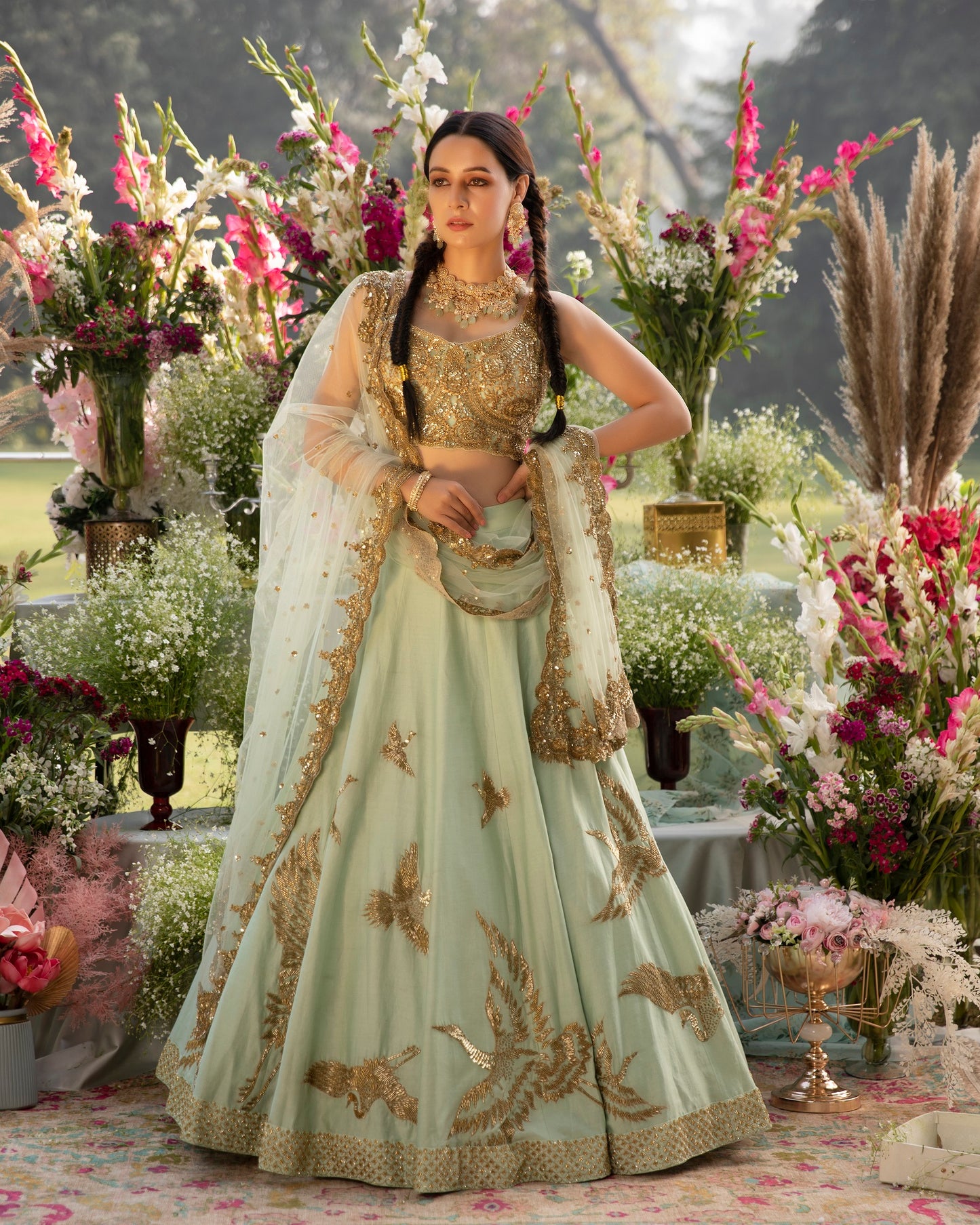 Sage Green Bird Lehenga Set