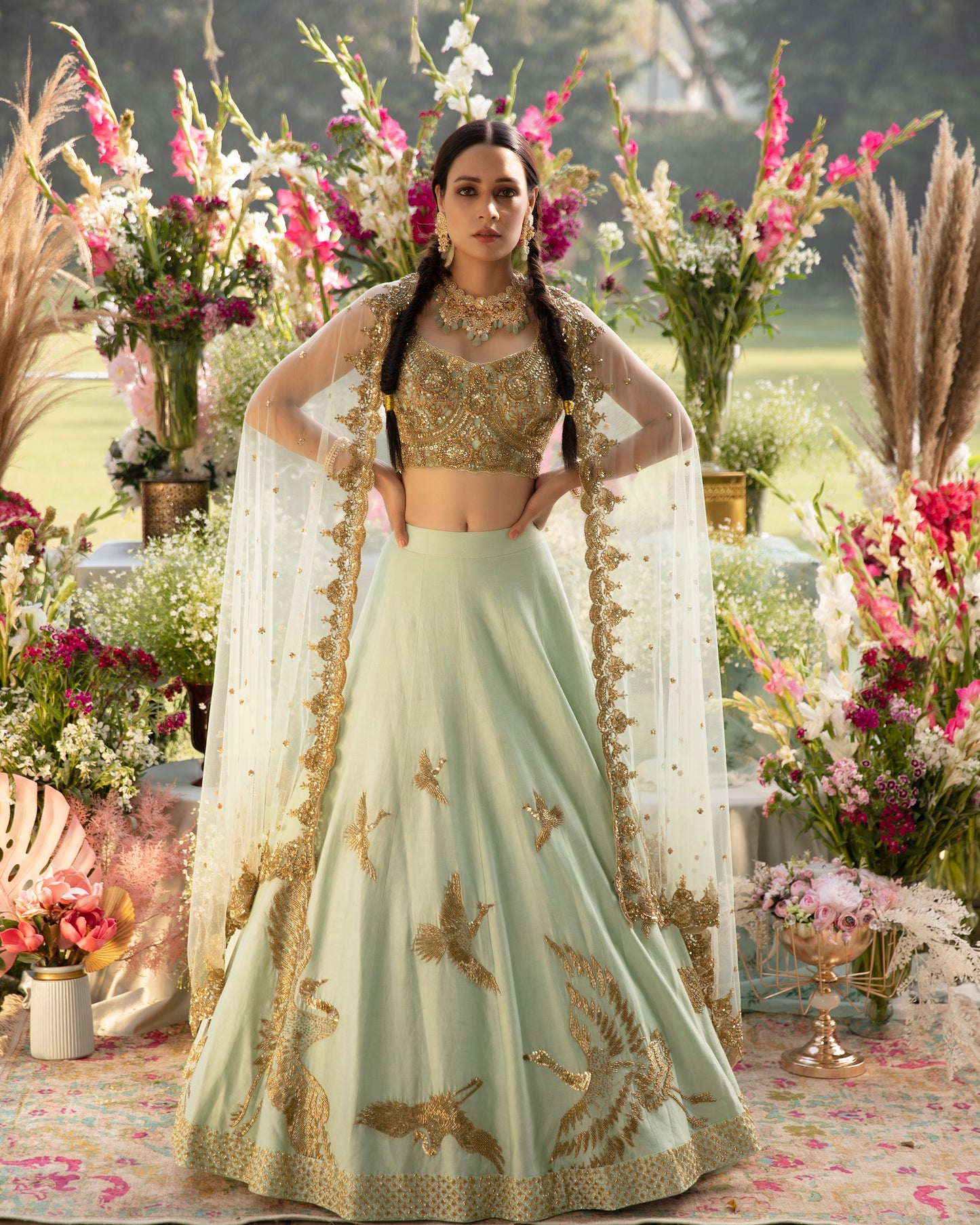 Sage Green Bird Lehenga Set