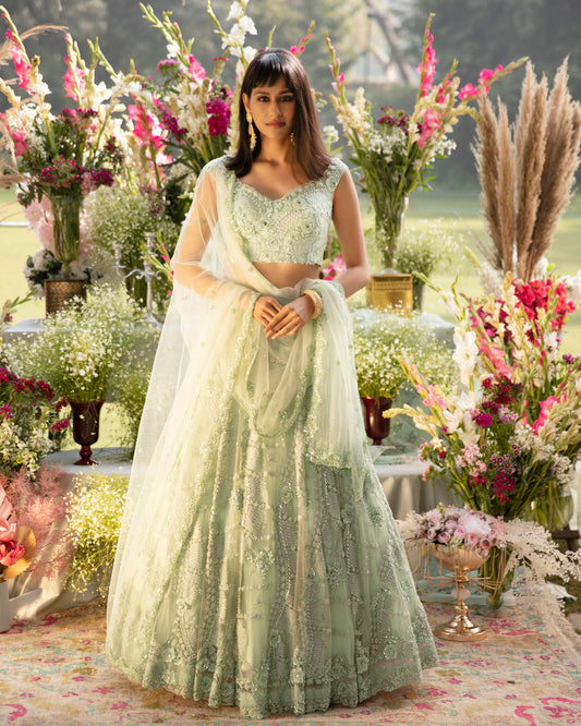 Mint Green Embroidered Net Lehenga Set