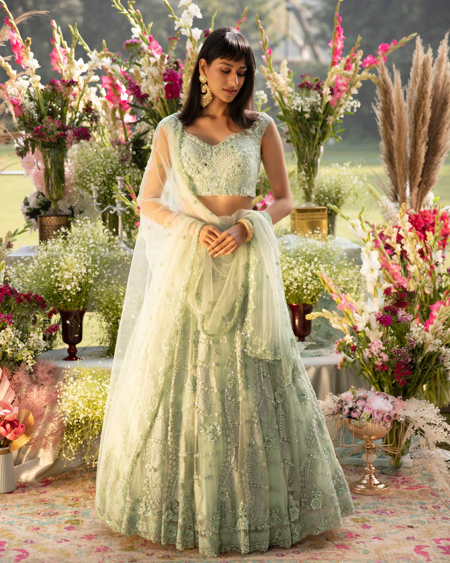 Mint Green Embroidered Net Lehenga Set