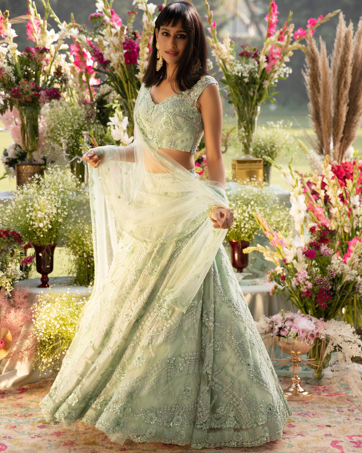 Mint Green Embroidered Net Lehenga Set