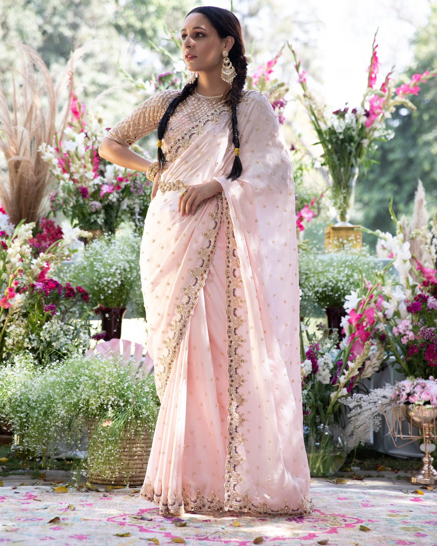 Baby Pink Embroidered Saree Set