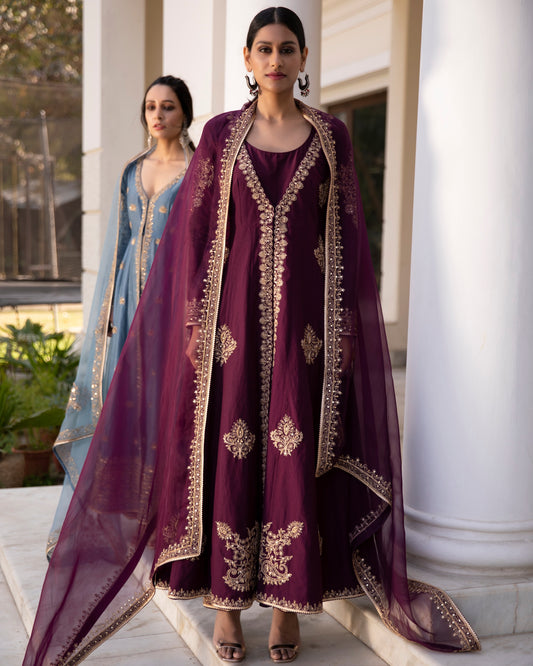 Purple Chanderi Jacket Suit