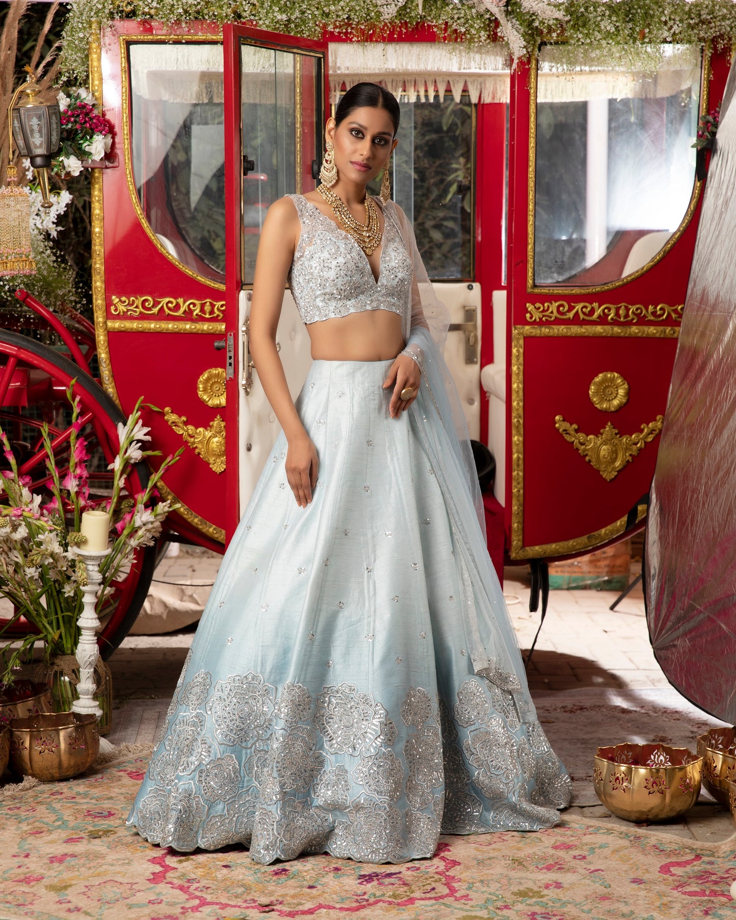 Sky Blue Roses Floral Lehenga Set