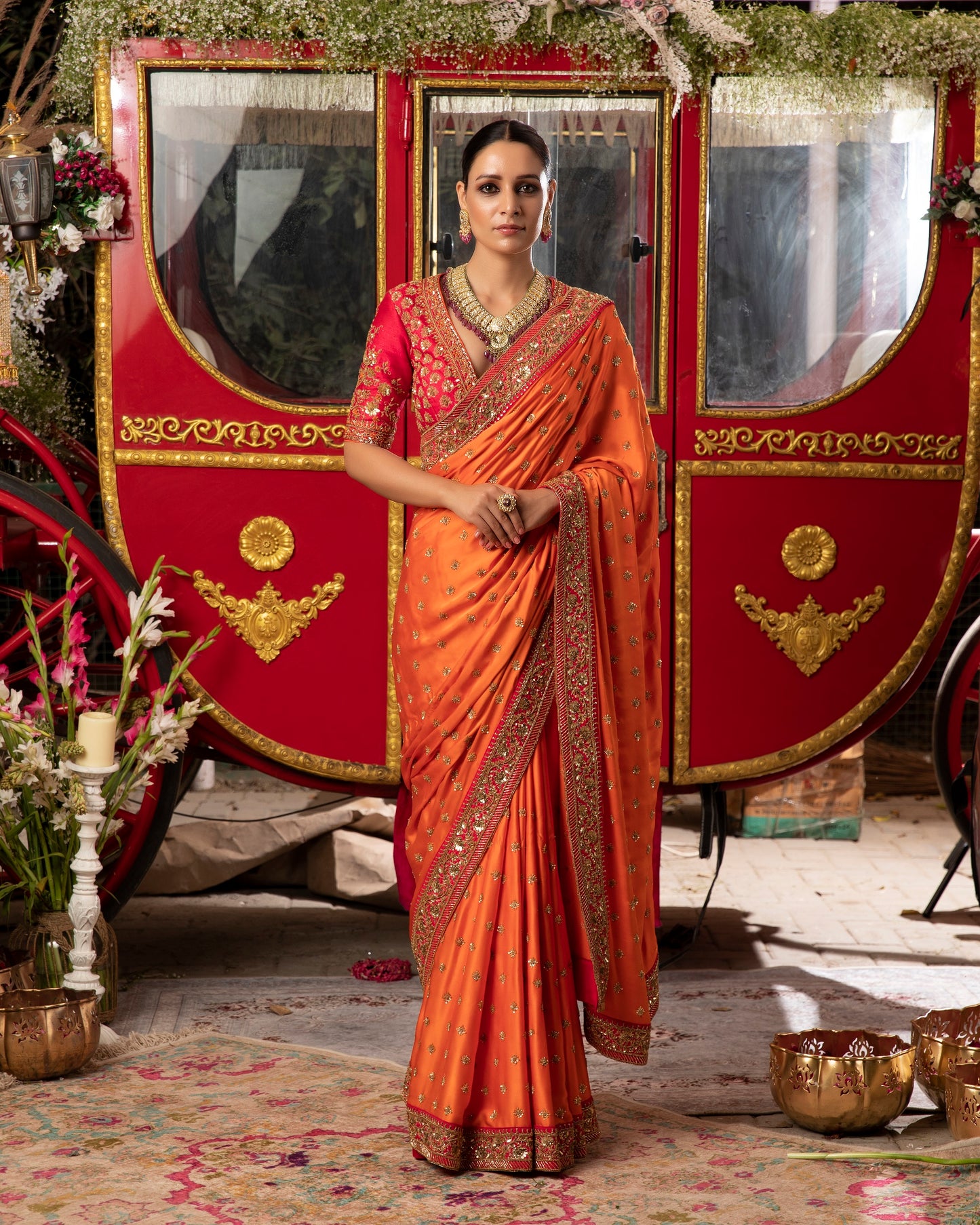 Orange Embroidered Saree Set