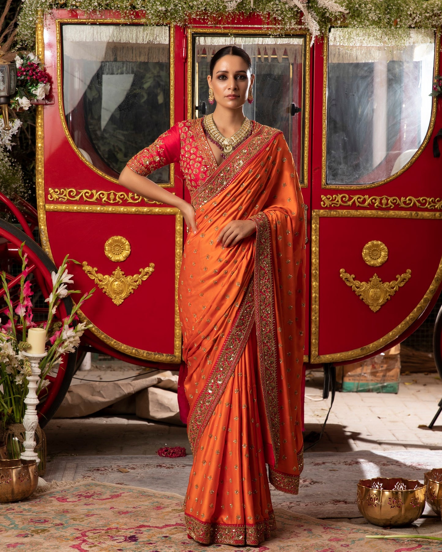 Orange Embroidered Saree Set