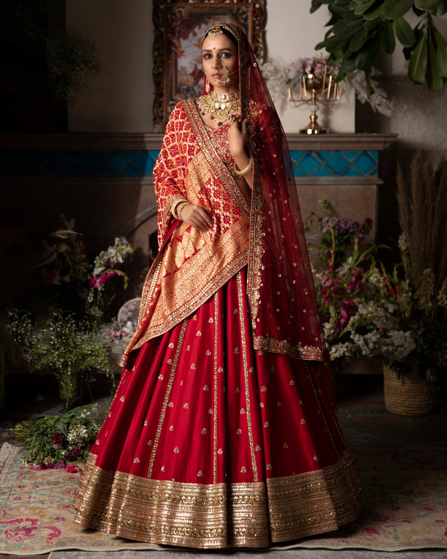 Red Dupion Silk Ghaghra With Gharchola Dupatta