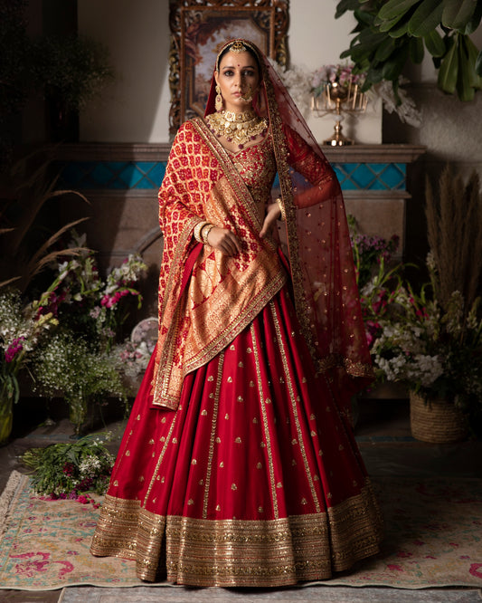 Red Dupion Silk Ghaghra With Gharchola Dupatta