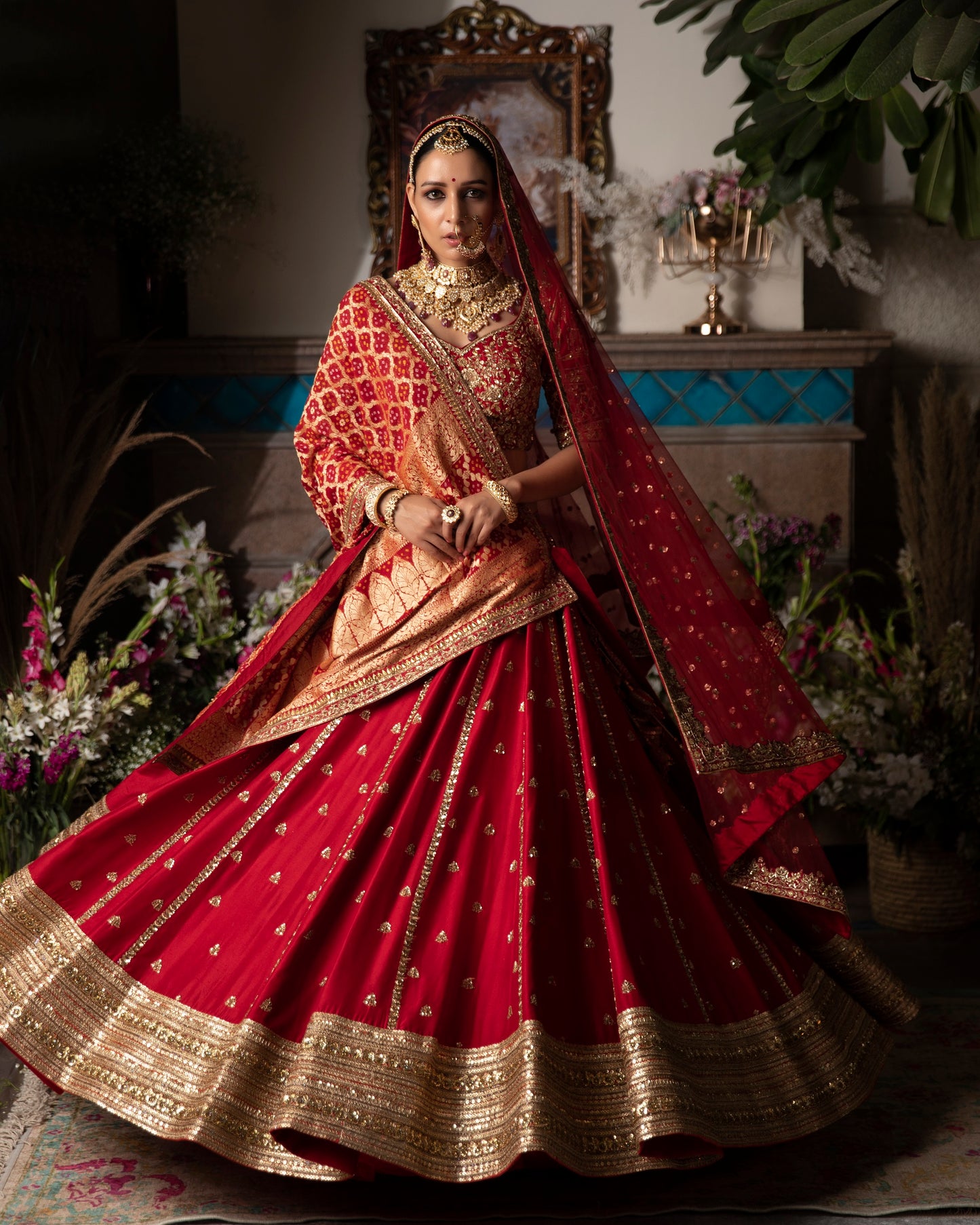 Red Dupion Silk Ghaghra With Gharchola Dupatta