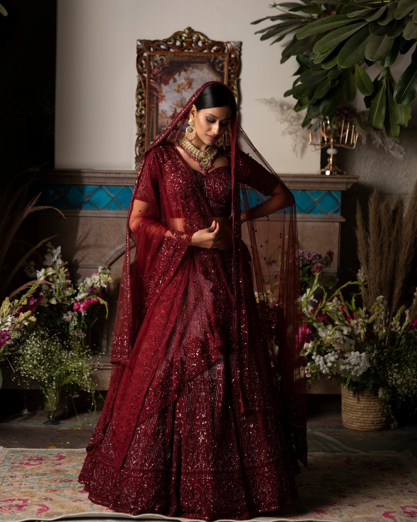 Burgundy Embroidered Net Lehenga Set