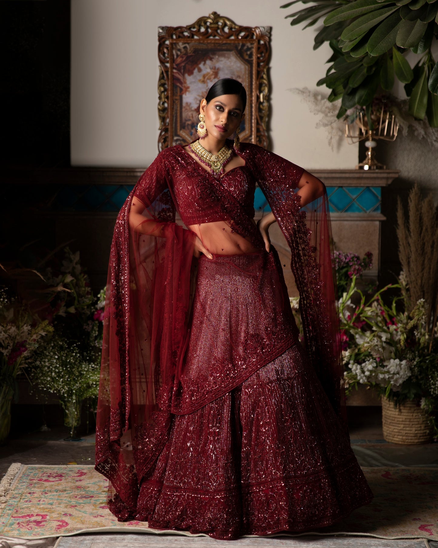 Burgundy Embroidered Net Lehenga Set