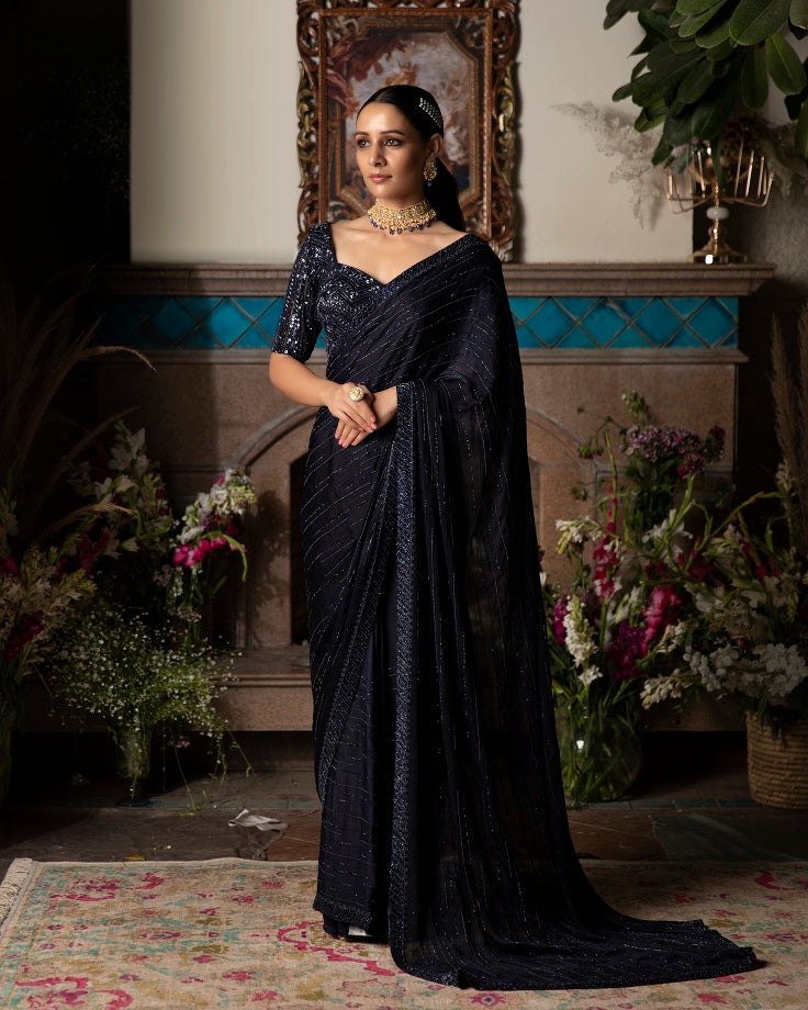 Midnight Blue Embroidered Saree Set