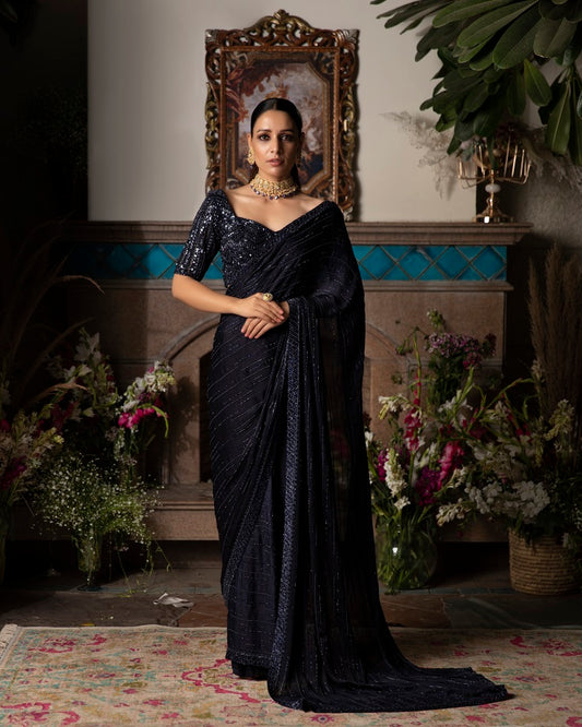 Midnight Blue Embroidered Saree Set