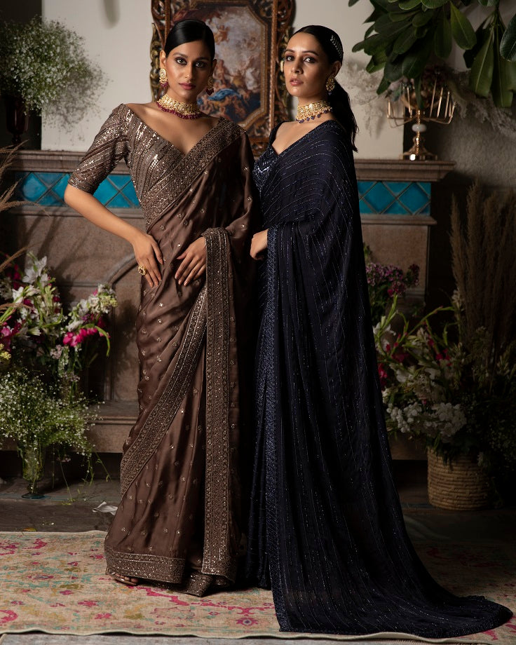 Midnight Blue Embroidered Saree Set