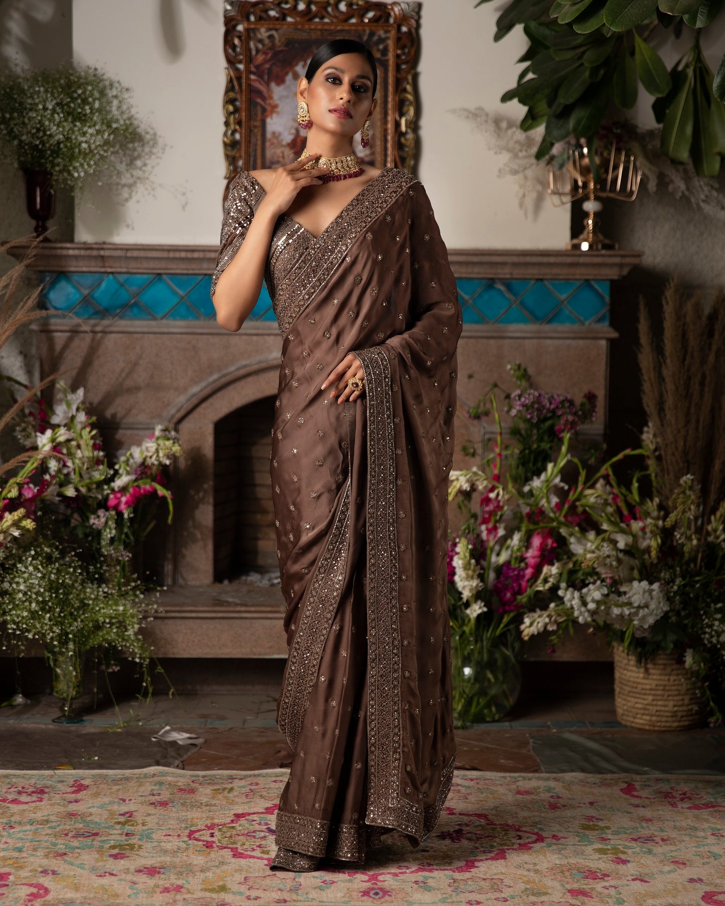 Brown Embroidered Saree Set