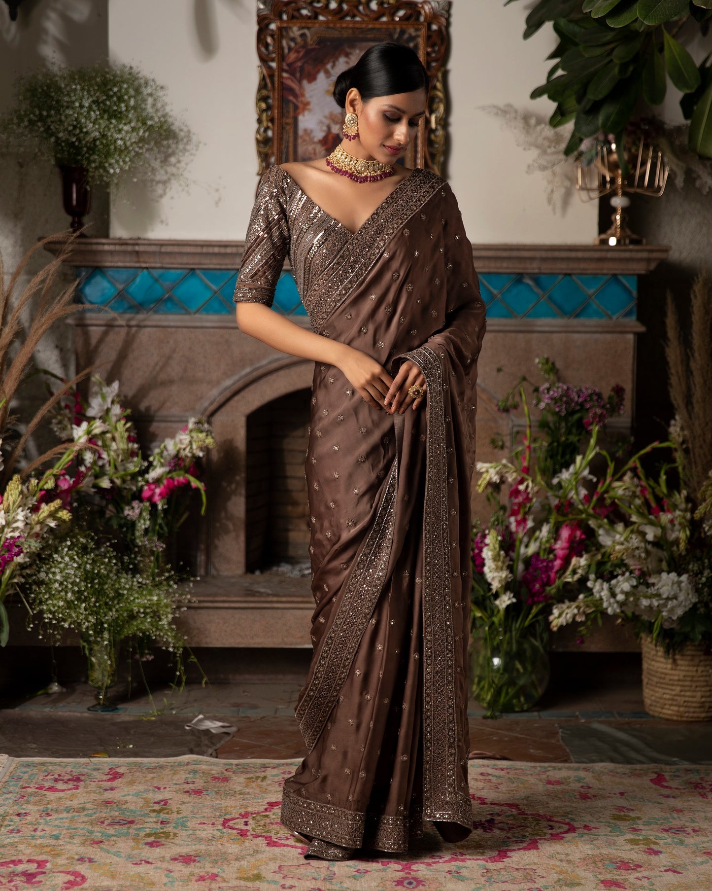 Brown Embroidered Saree Set