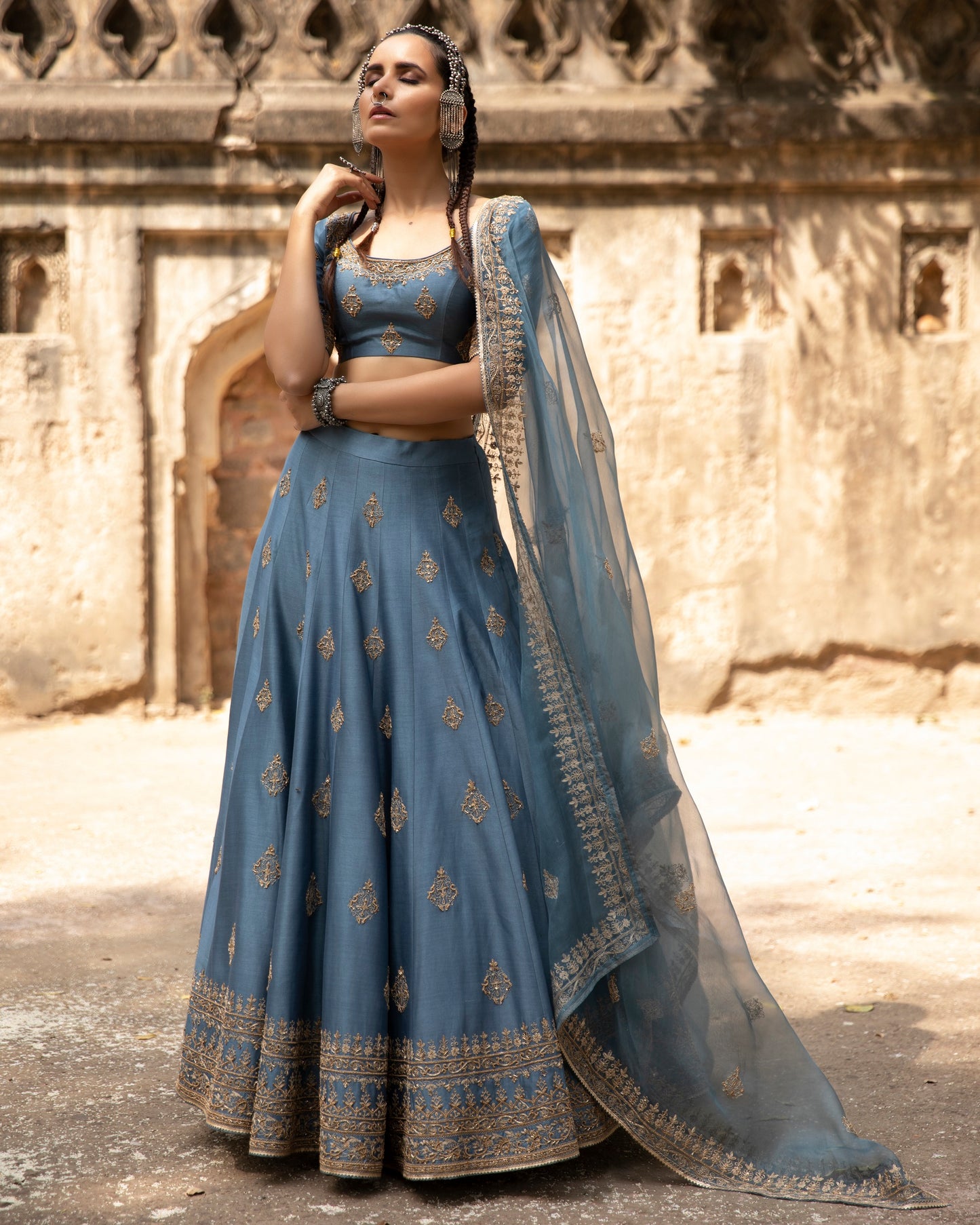 Dusty Blue Embroidered Lehenga Set