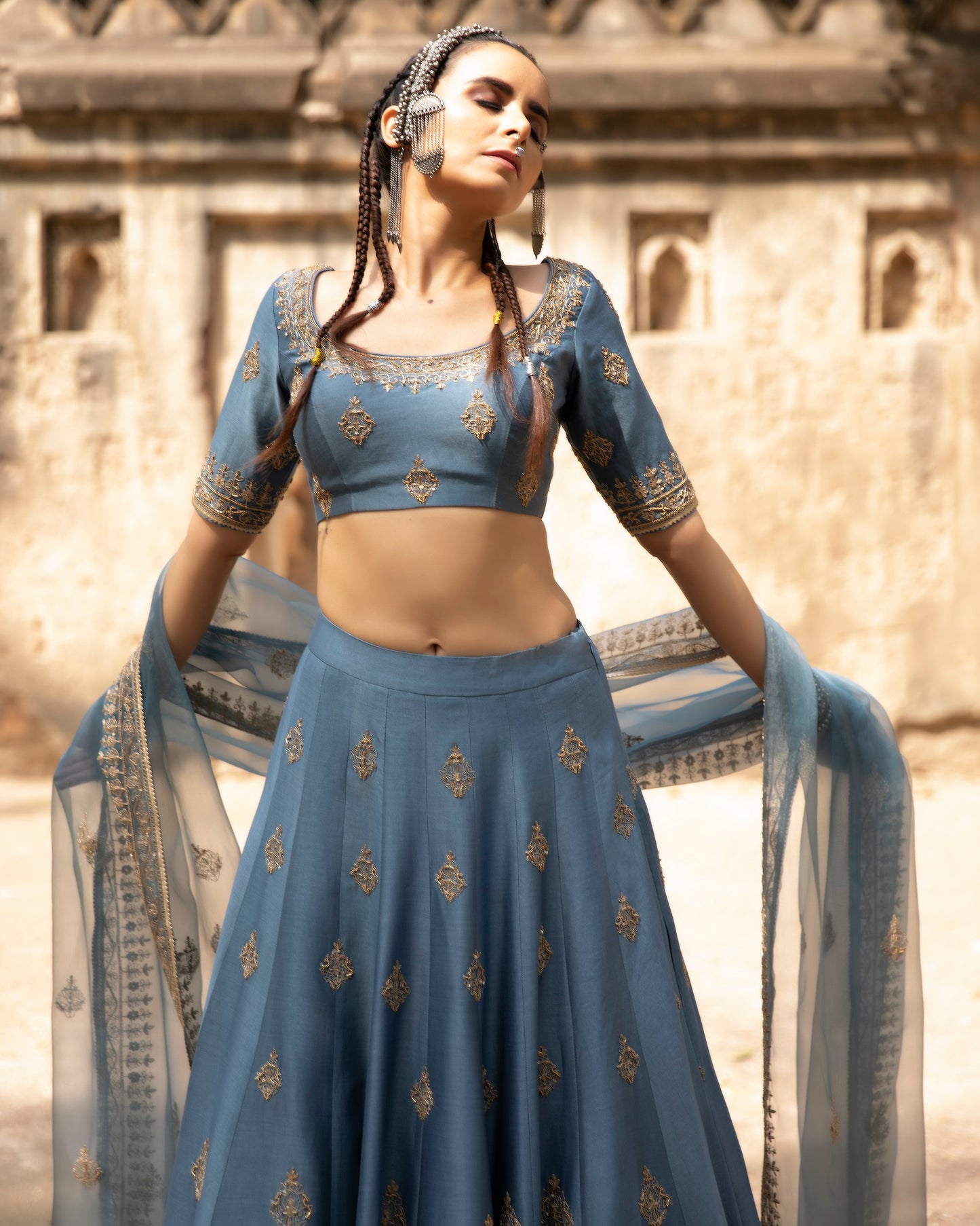 Dusty Blue Embroidered Lehenga Set