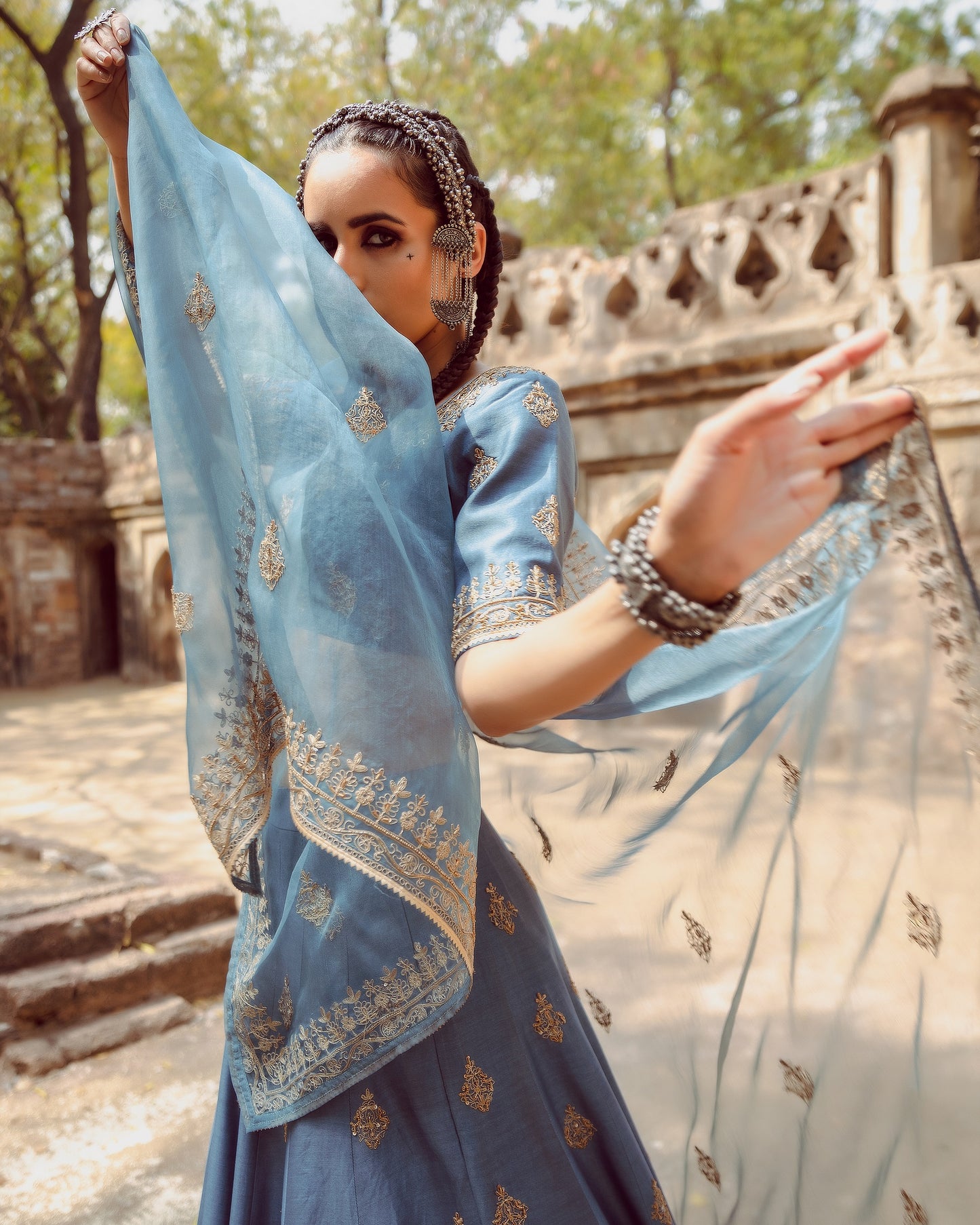 Dusty Blue Embroidered Lehenga Set