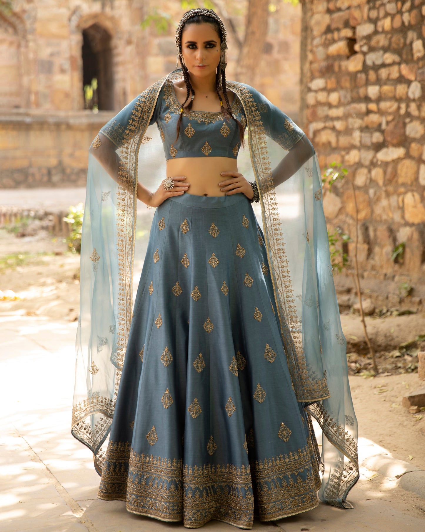 Dusty Blue Embroidered Lehenga Set