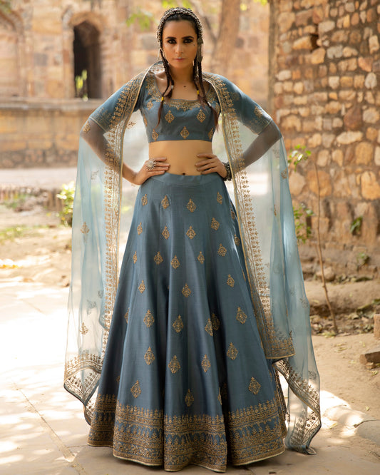 Dusty Blue Embroidered Lehenga Set