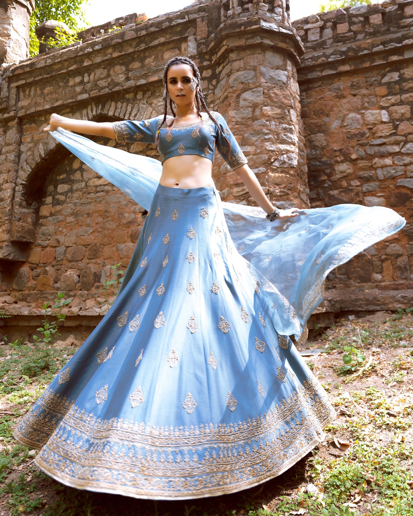 Dusty Blue Embroidered Lehenga Set