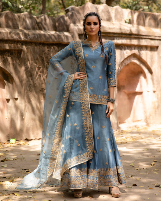 Dusty Blue Embroidered Sharara Set