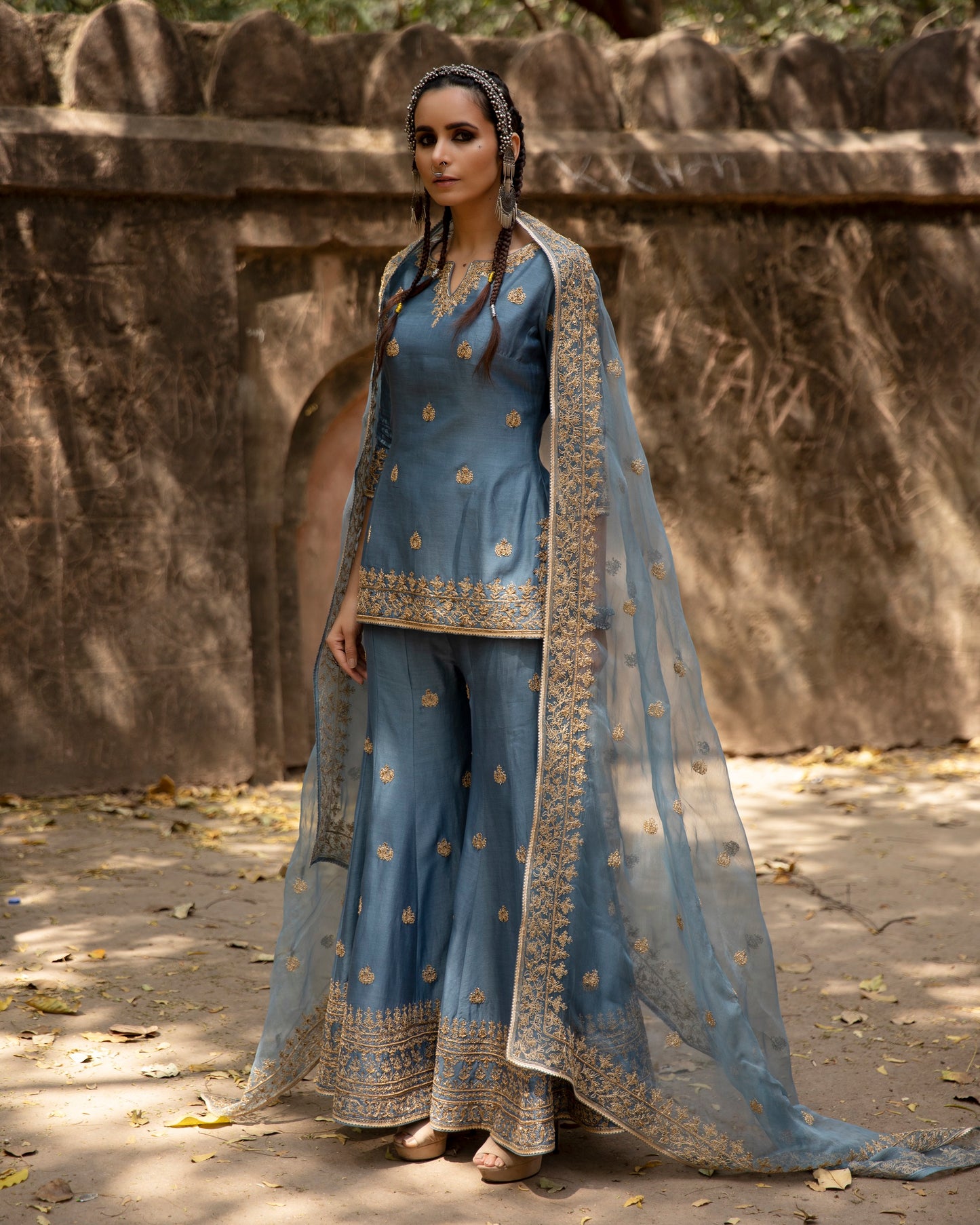 Dusty Blue Embroidered Sharara Set