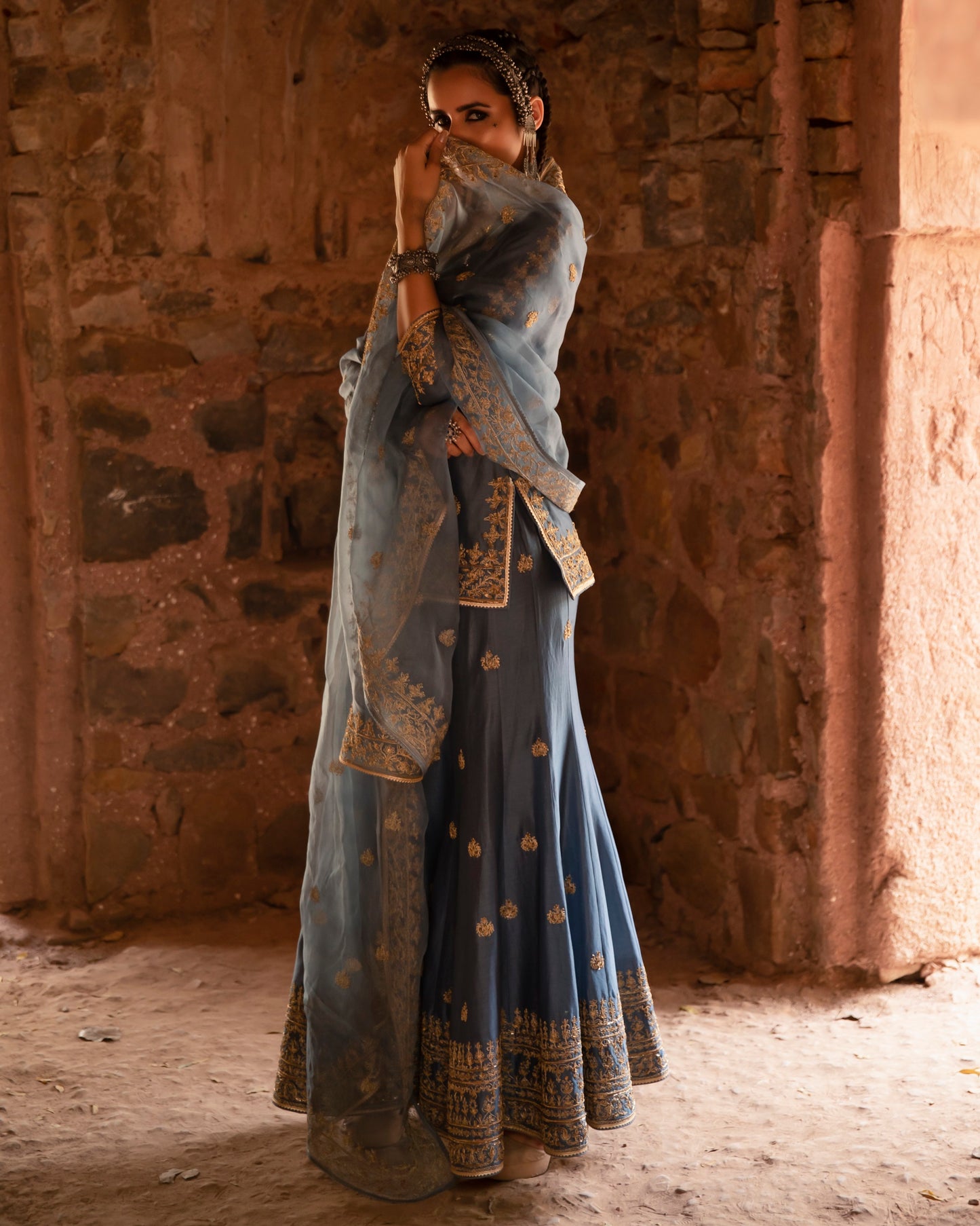 Dusty Blue Embroidered Sharara Set