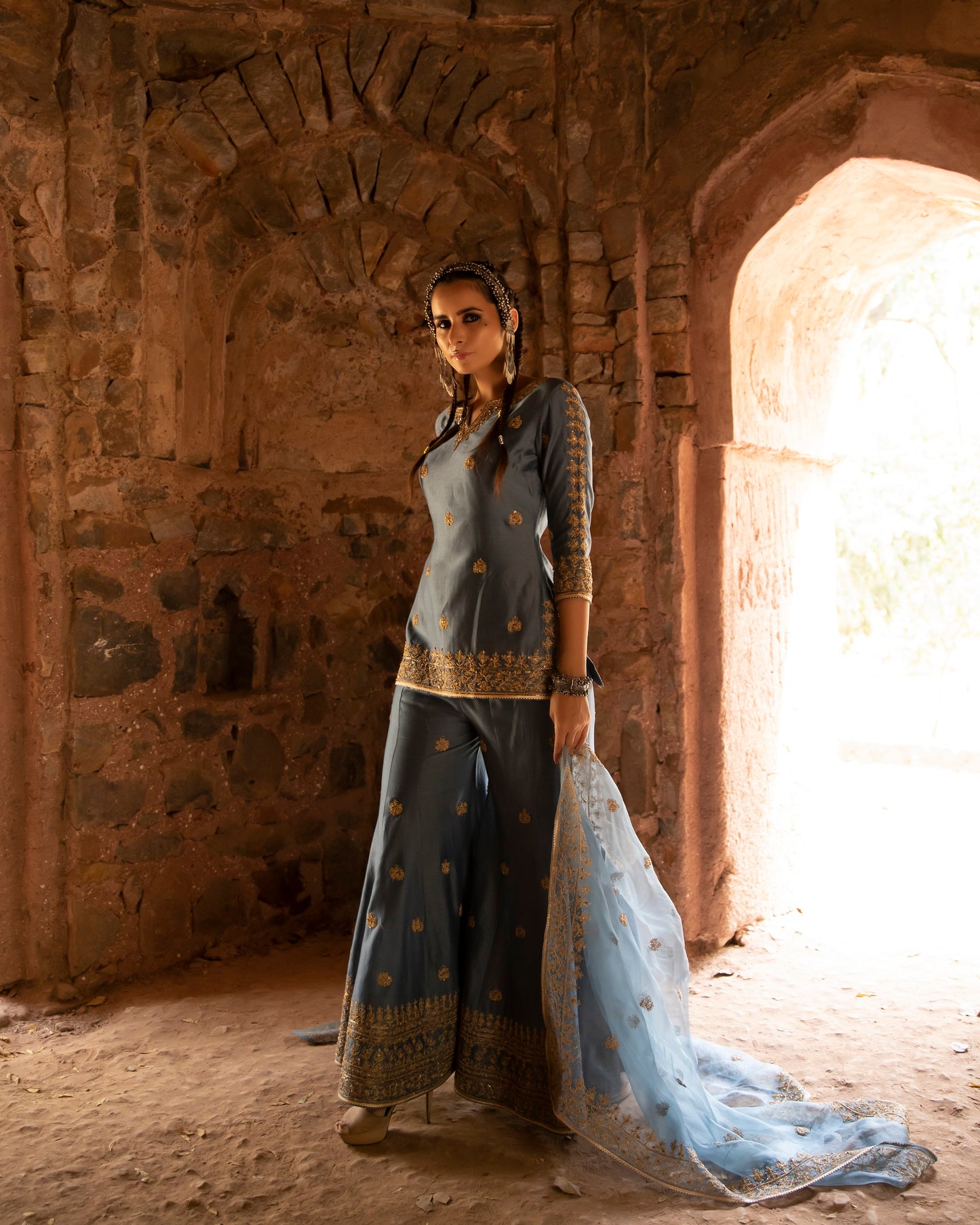 Dusty Blue Embroidered Sharara Set