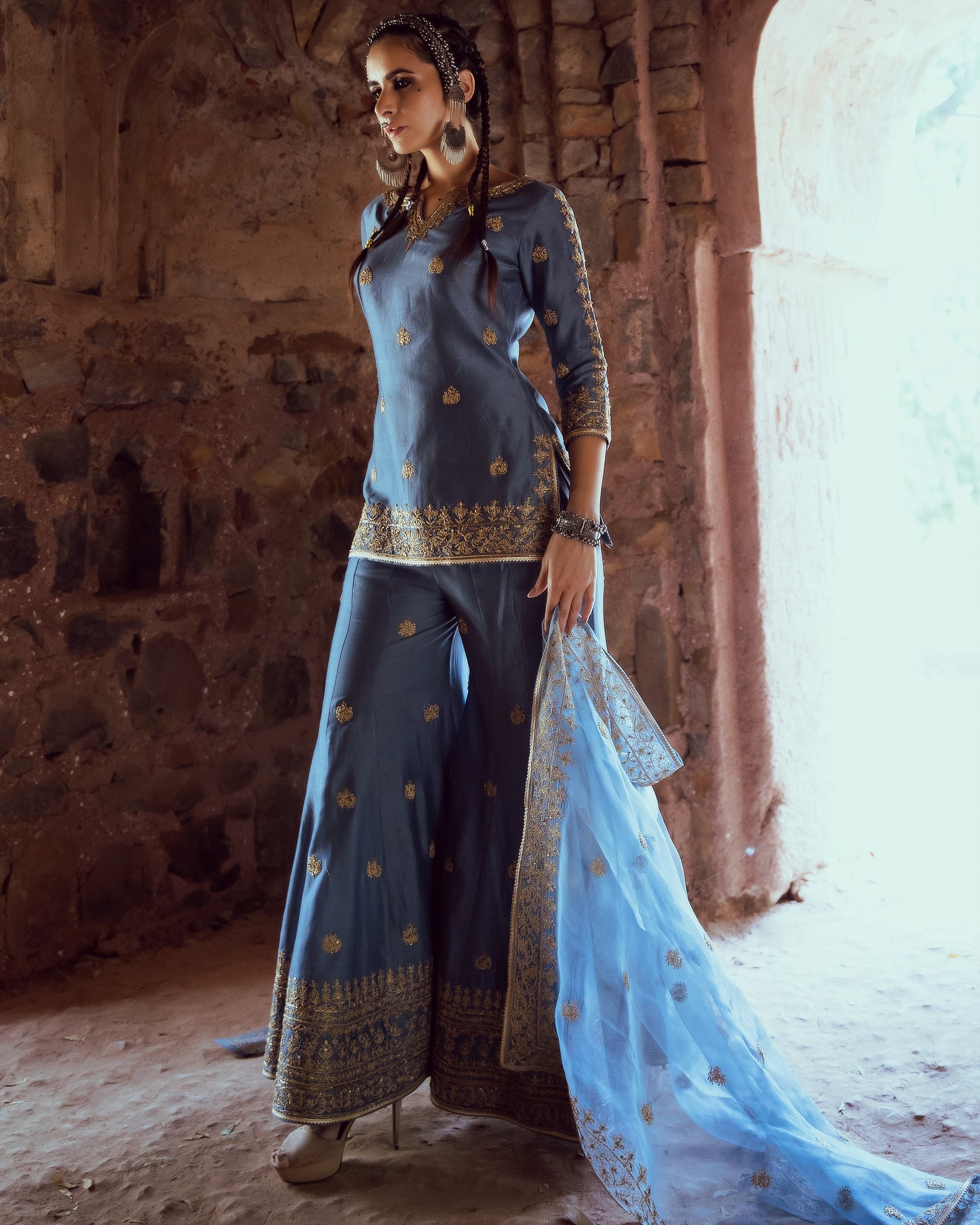 Dusty Blue Embroidered Sharara Set