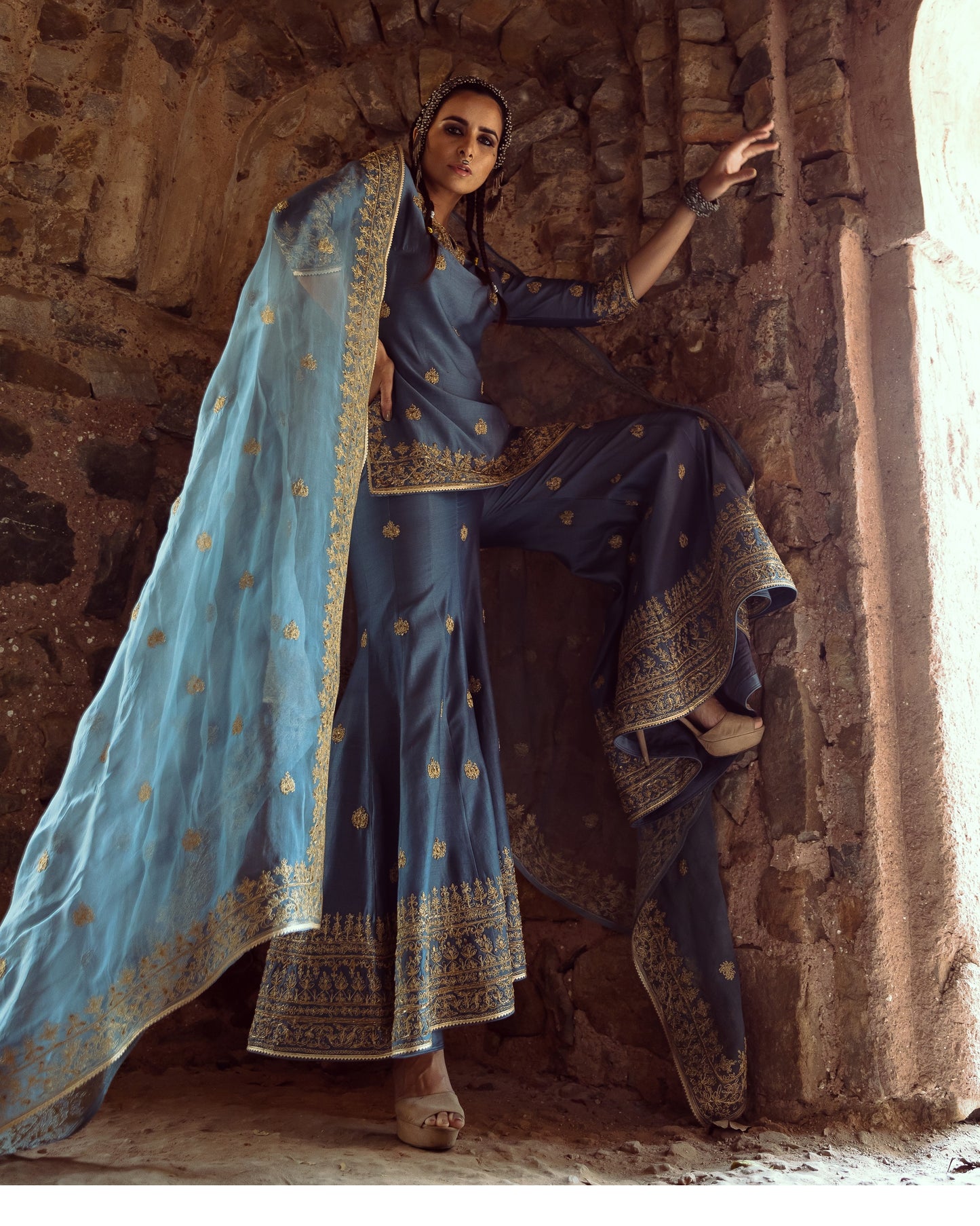 Dusty Blue Embroidered Sharara Set