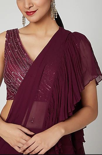 Wine Embroidered Ruffled Saree With Belt