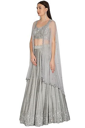 Grey Dupion Lehenga Set