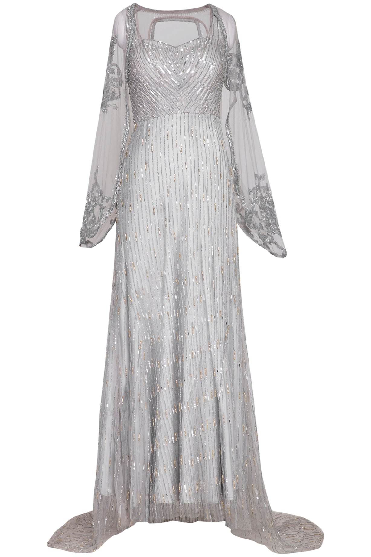 Grey Embroidered Cowl Sleeves Net Gown