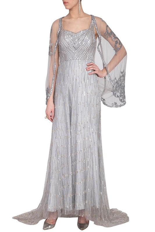 Grey Embroidered Cowl Sleeves Net Gown