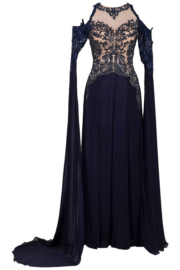 Navy Blue Flat Chiffon Embroidered Gown