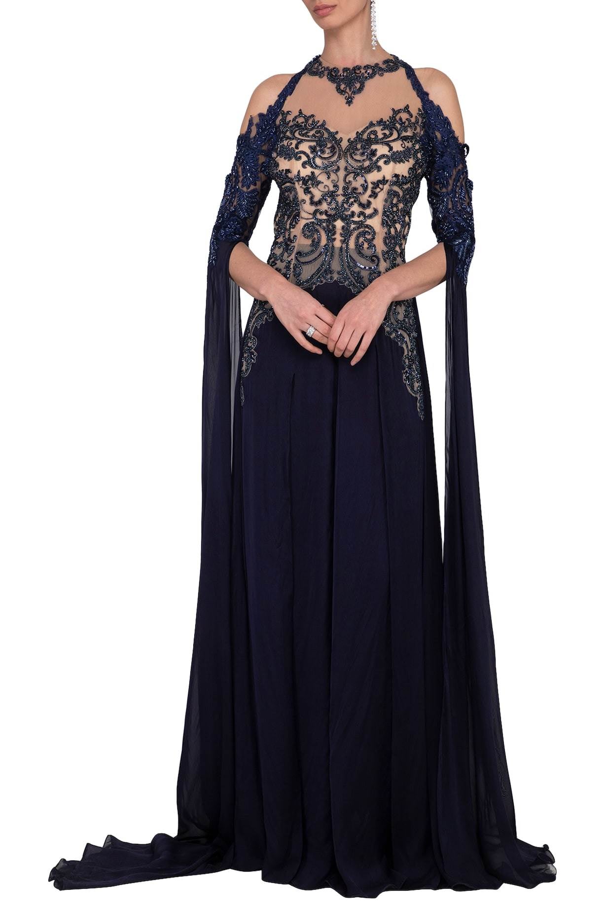 Navy Blue Flat Chiffon Embroidered Gown