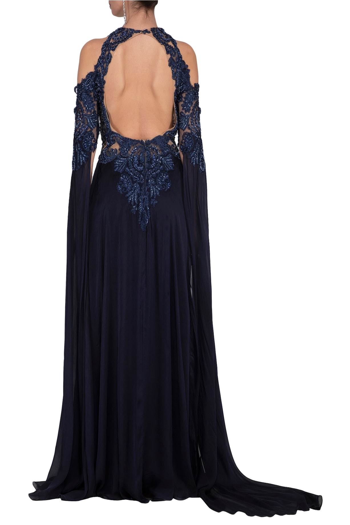 Navy Blue Flat Chiffon Embroidered Gown