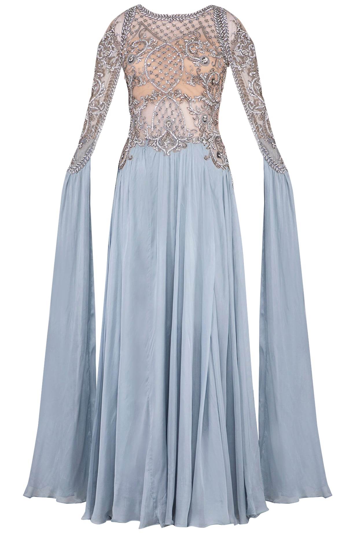 Grey Embroidered Flat Chiffon Cape Sleeves Gown