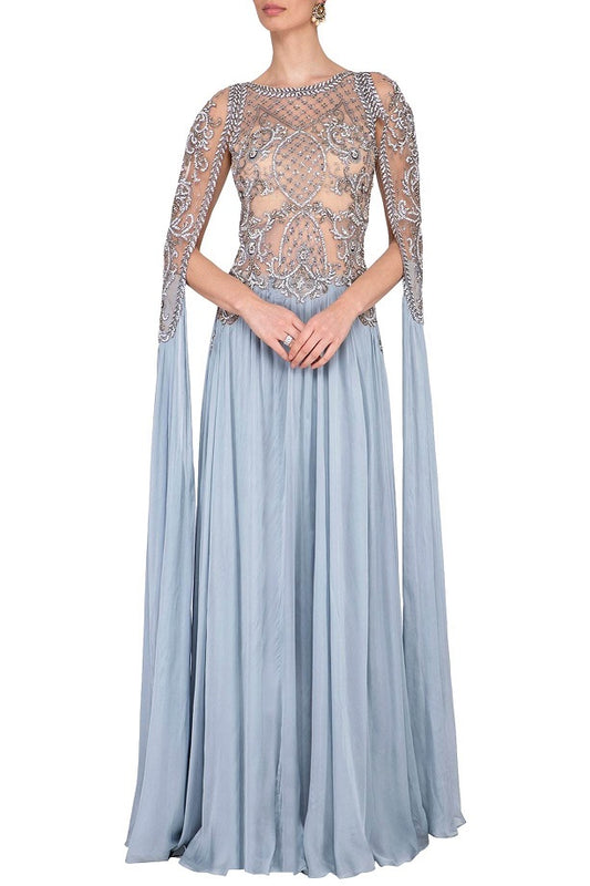 Grey Embroidered Flat Chiffon Cape Sleeves Gown