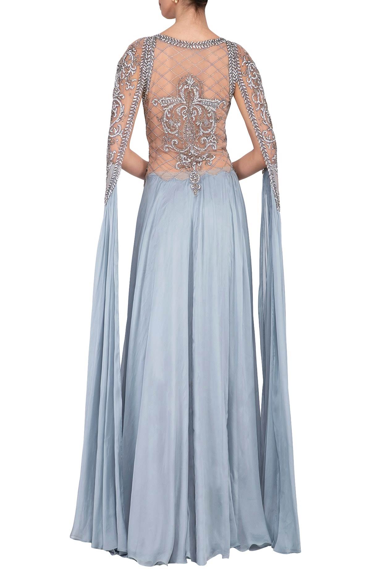 Grey Embroidered Flat Chiffon Cape Sleeves Gown