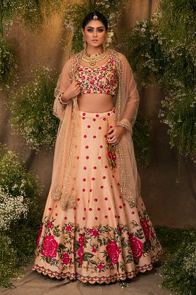 Peach Floral Embroidered Lehenga Set