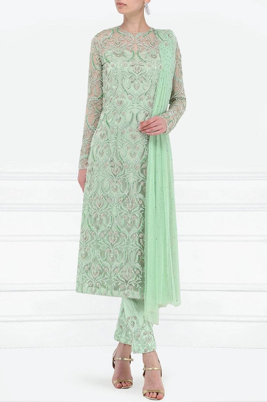 Mint Green Emb. Kurta with pant and dupatta set