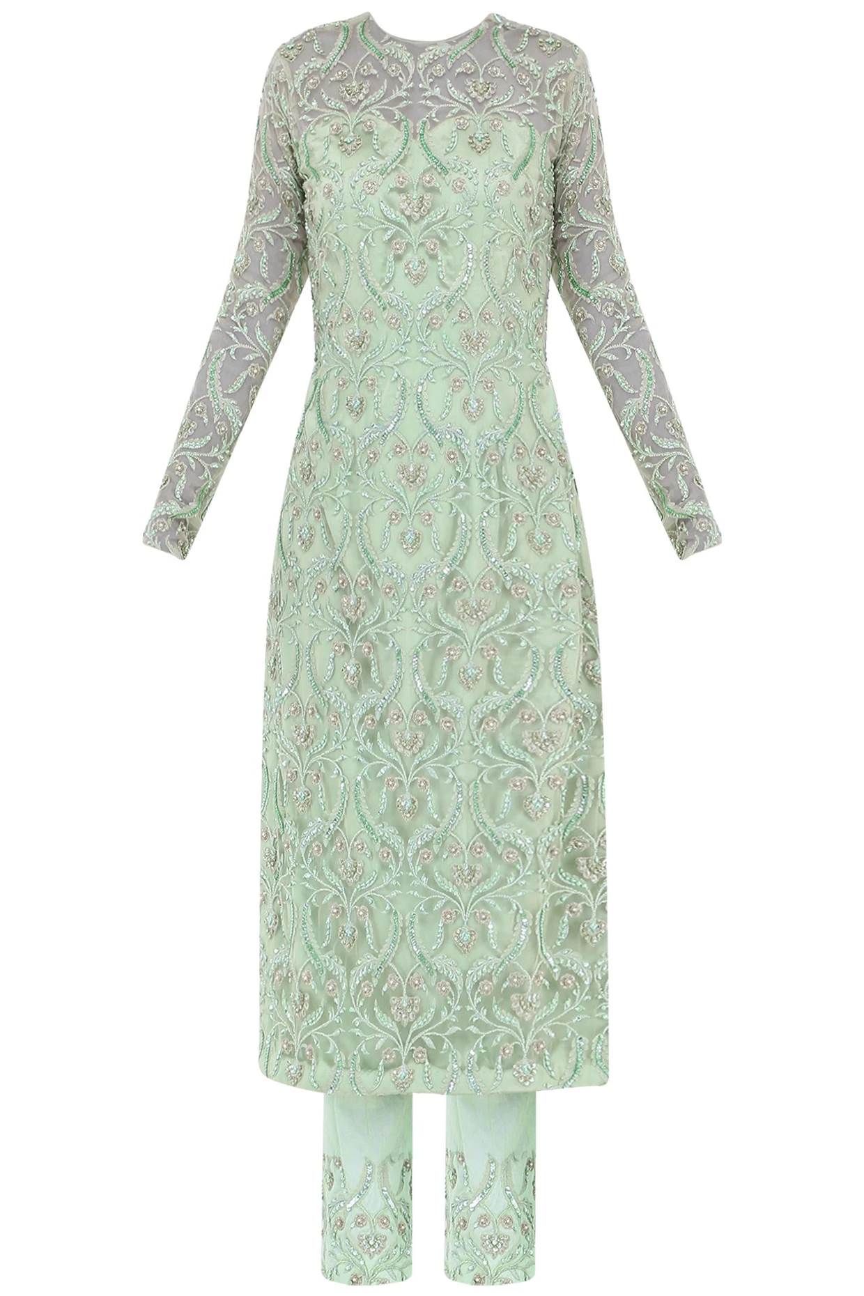 Mint Green Emb. Kurta with pant and dupatta set