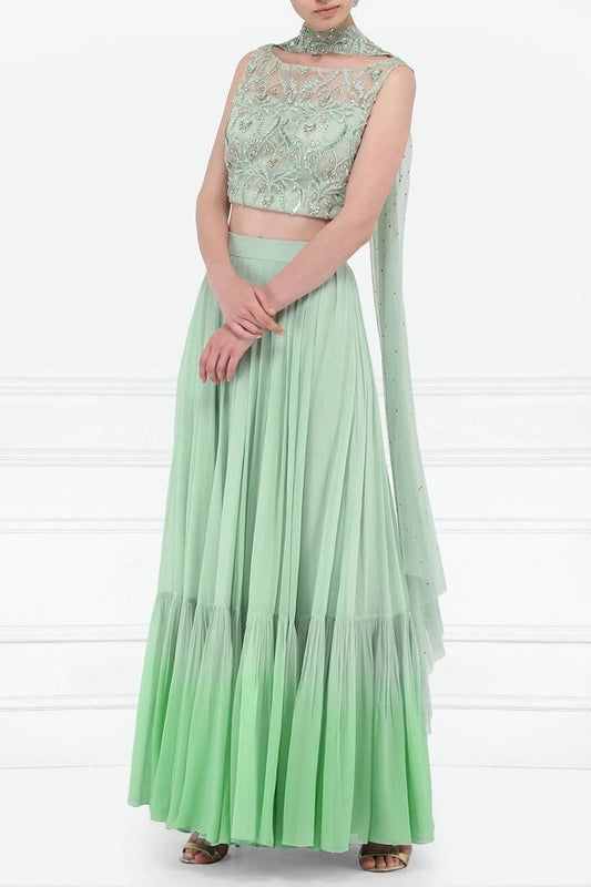 Mint Green Skirt with Embroidered blouse and dupatta