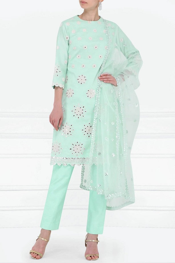 Aqua Mirror Embroidered Kurta With Pant and Dupatta