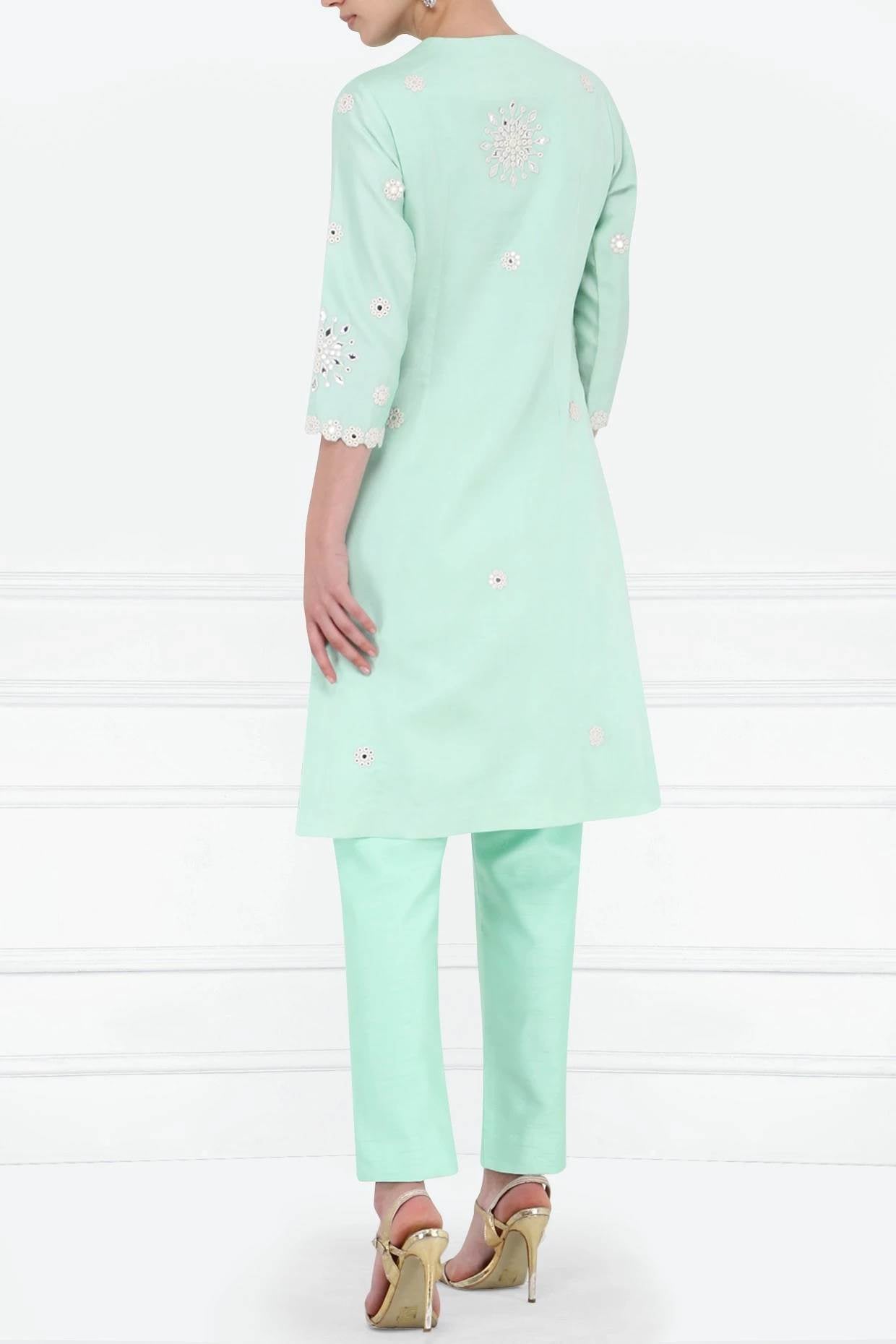 Aqua Mirror Embroidered Kurta With Pant and Dupatta